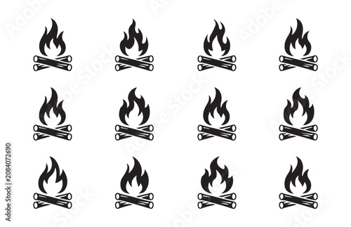 Arrangement of campfire icons with crossed logs in rows on transparent background.