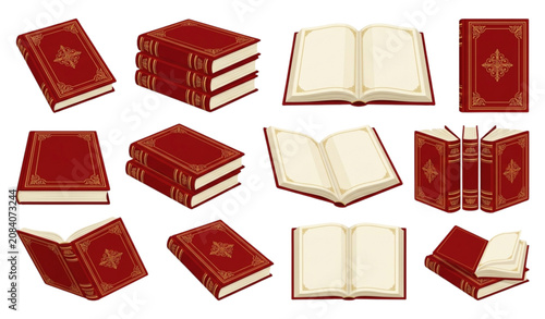 Canvastavla Crimson Hardcover Book Mockup Vector Set with Open Pages Closed Books and Gold O