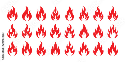 Collection of red flame icons isolated on transparent background fire graphic vector design elements.