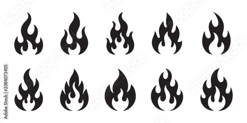 Set of fire flame icons on transparent background for logo design and campfire element collection.