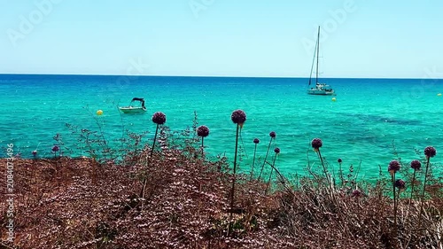 Crystal clear turquoise sea water and scenic rocky coast with sailing boats under a blue sky. summer vacation concept.