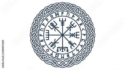 Foto Ancient Norse Vegvisir Compass Symbol with Rune Border.