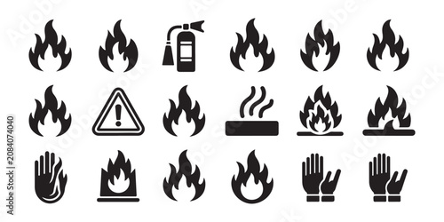Collection of 19 black fire related icons flame extinguisher danger hand gloves.