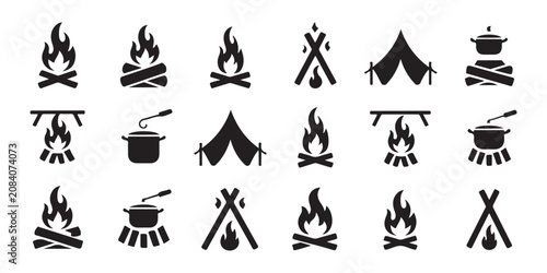Camping bonfire and hiking equipment vector icons set for outdoor survival trip exploration tools.