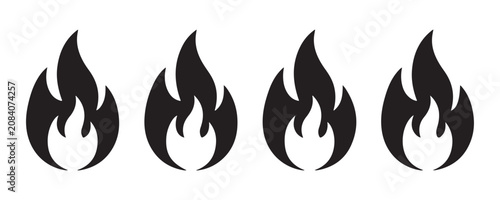 Flame icon set with black fire symbols isolated on transparent background for energy design needs.