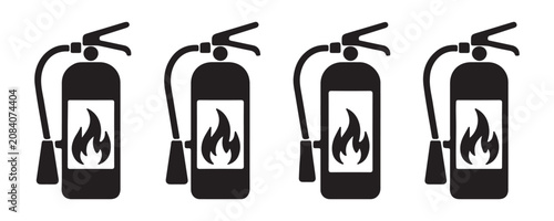 Set of fire extinguisher icon black outline, symbol fire extinguishing safety equipment.