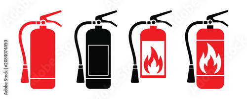 Set of fire extinguisher icon in red and black, symbol fire extinguishing safety equipment.