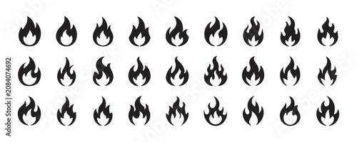 Set of black fire flames icon. burning hot flame with blazing energy effect.