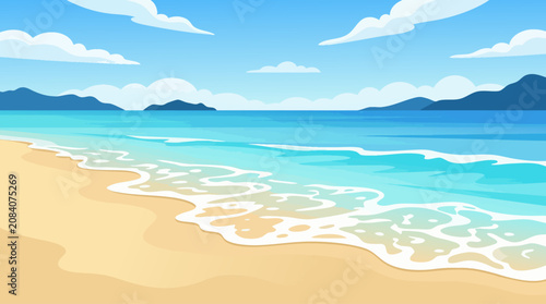 Beach scene with waves and mountains, flat vector illustration.