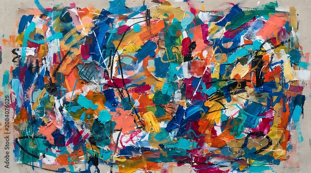 Fototapeta premium Abstract expressionist painting showcasing heavy texture with vibrant colorful strokes and dramatic sweeping paint marks imagery.