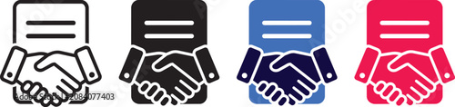 Handshake and contract document icon set representing business agreement, partnership deal, and successful cooperation