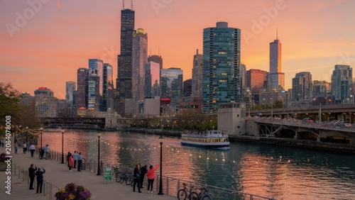 People walk along the chicago riverfront while a sightseeing vessel sails past the tall skyscrapers during a scenic golden hour sunset which glows over the dense urban environment of the city dow