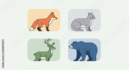 фотографія Four animals, a fox, wolf, deer, and bear, are standing in a row on different colored backgrounds