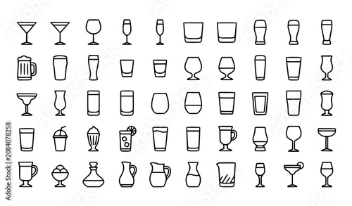 Cuadro en lienzo Cocktail and Beverage Glass Outline Icon Set Editable Stroke Vector