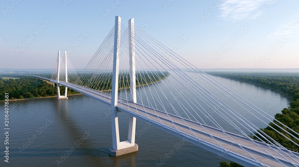 Fototapeta premium White cable-stayed bridge spanning wide river infrastructure development