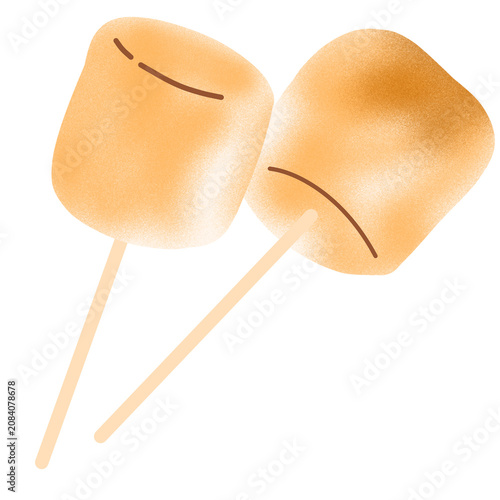 Two roasted marshmallows on sticks illustration isolated, cute toasted sweets camping snack