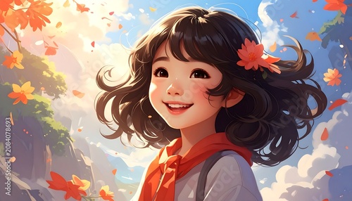 A joyful child with curly hair smiles brightly under a sunny sky, surrounded by falling autumn leaves