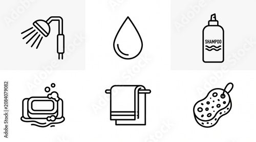Shower Bathroom Hygiene Icon Pack Black White Vector Set