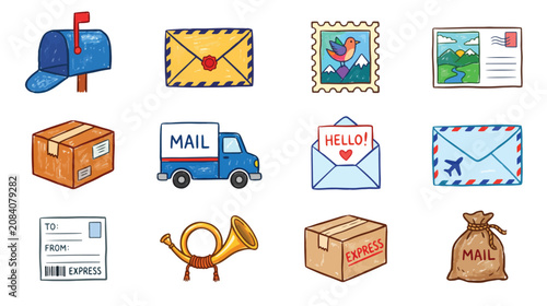 Bilde på lerret Colorful Postal Service Crayon Style Flat Icon Set Vector