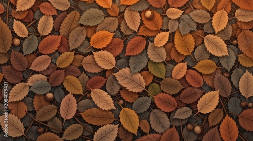 Brown autumn leaves background with fallen acorns