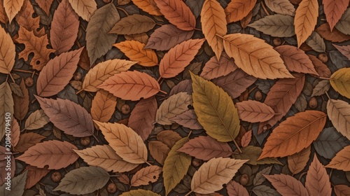 Autumn leaves covering forest floor creating seasonal pattern
