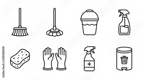 Bathroom Cleaning Tools Icon Set Minimal Black White Vector Pack