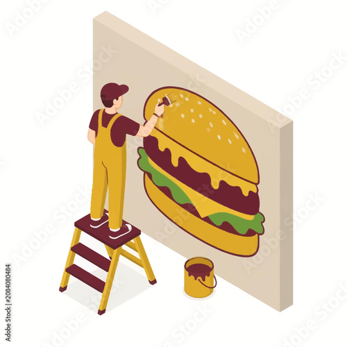 Isometric illustration of a male artist in yellow overalls standing on a stepladder while painting a large cheeseburger mural on a wall using a brush and a paint bucket on the floor.
