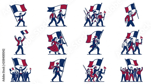 Foto French Revolution Figures Waving Tricolor Flags.