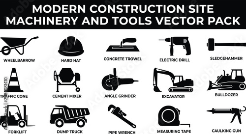 Construction site machinery and tools vector pack with wheelbarrow hard hat cement mixer excavator bulldozer forklift dump truck