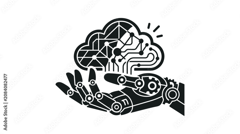 Fototapeta premium Robotic hand supporting AI cloud brain icon for technology innovation concepts. Vector Illustration