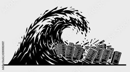 Conceptual monochrome illustration of a massive data wave crashing onto server racks. Vector Illustration