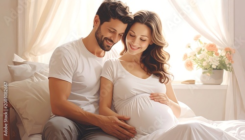 A joyful couple, expecting their first child, embrace and smile while sitting in a bedroom. Sunlight streams in