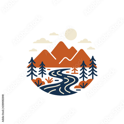 Minimalist vector illustration of a mountain river landscape