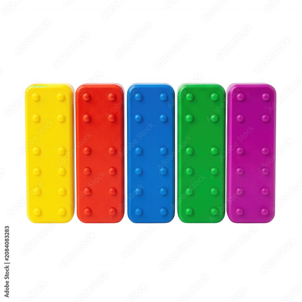 Obraz premium Five Colorful Lego Bricks Transparent Background