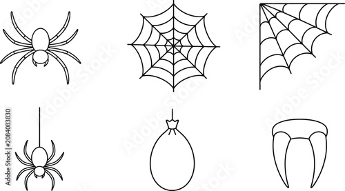 Foto Spider web and vampire fangs line art icons for halloween themed spooky seasonal