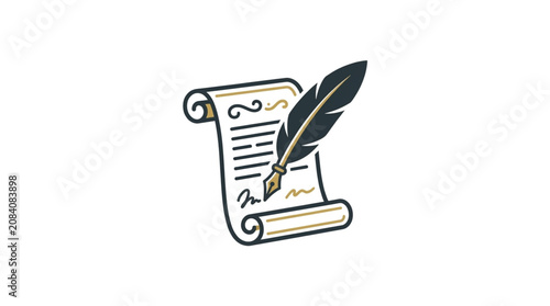 Foto Quill pen writing on a scroll document.