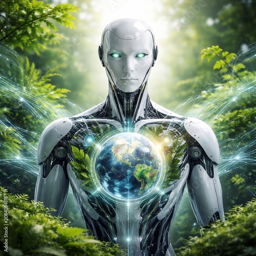  AI Robot Holding Earth Globe Green Nature Environment Sustainability Concept