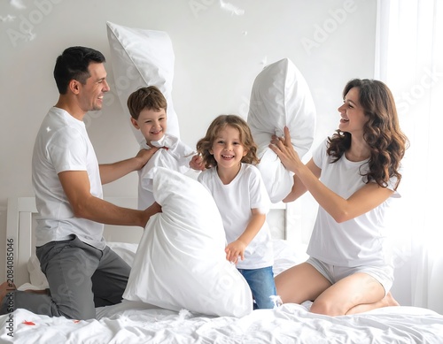 A joyful family of four, clad in white, engage in a playful pillow fight on a bright white bed. Their faces radiate happiness