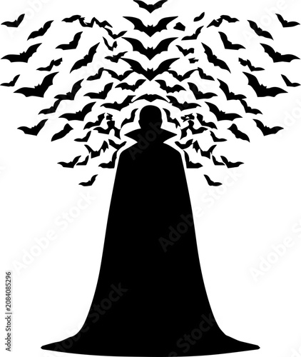 Fotografie Vampire Silhouette with Swarm of Flying Bats Vector Illustration for Halloween H