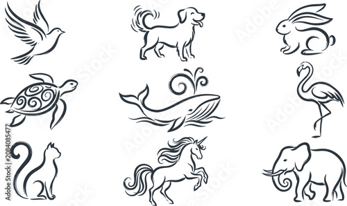Photography Hand Drawn Animal Icon Set with Bird, Dog, Rabbit, Turtle, Whale, Flamingo, Cat,