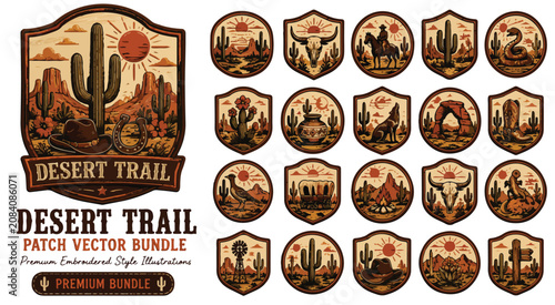 Cuadro en lienzo Vintage Desert Trail patch vector bundle, retro western badges with cactus and c