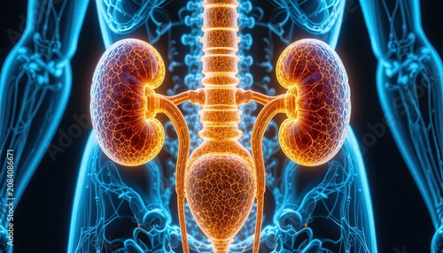 Illuminated human urinary system displays healthy kidneys and bladder in a glowing anatomical illustration.