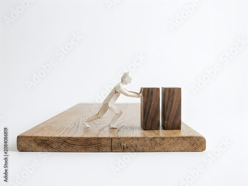 Person pushing wooden blocks on a log