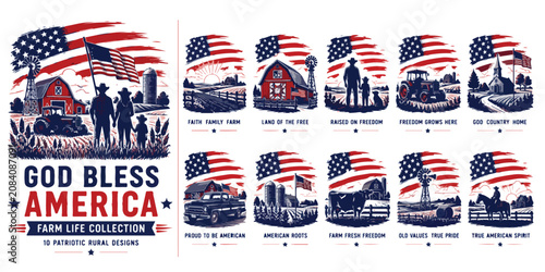 Bild auf Leinwand Patriotic American farm life collection, 10 vintage rural designs with USA flag,