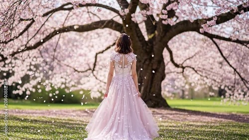 Woman in a flowing gown standing beneath blooming cherry blossom trees in spring, creating a serene, elegant outdoor scene with romantic seasonal beauty