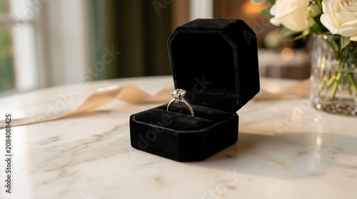 Diamond ring in velvet jewelry box.