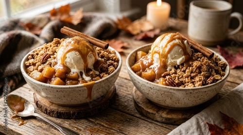 Cozy Autumn Dessert: Warm Apple Crumble with Vanilla Ice Cream and Caramel Drizzle
