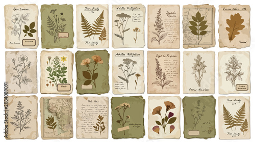 Tableau sur toile Vintage botanical herbarium collection, 21 antique plant sketches on aged paper,
