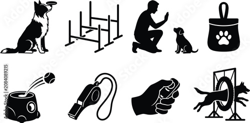 Foto Dog training and agility equipment silhouette set featuring handler dog obstacle