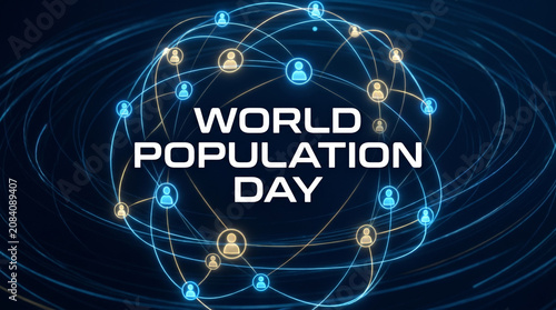 World Population Day Concept Glowing Human Figure Icons Connected by Luminous Network Lines on Midnight Blue Background Digital Art